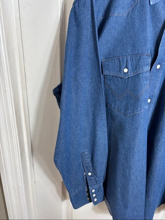 Wrangler Western Denim Shirt Blue Pearl Snap XXL Cowboy Rodeo - Picture 6 of 10